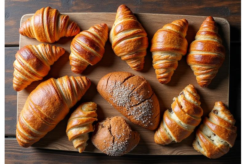 Een uitnodigende spreiding van versgebakken croissants, broodjes en gebak op een rustieke houten tafel, klaar voor catering
