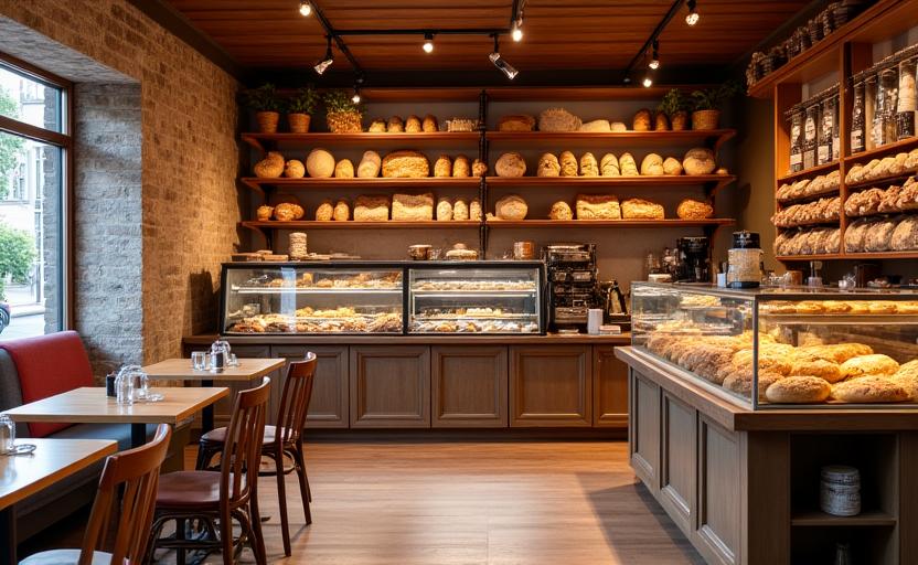 Een gezellige bakkerij-interieur met houten toonbanken en een vitrine vol vers gebakken goederen